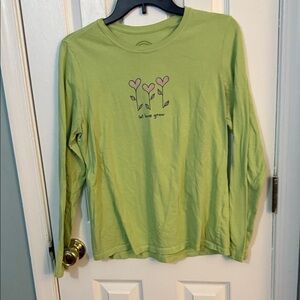 Life Is Good Green Long Sleeve Shirt with Heart Flowers